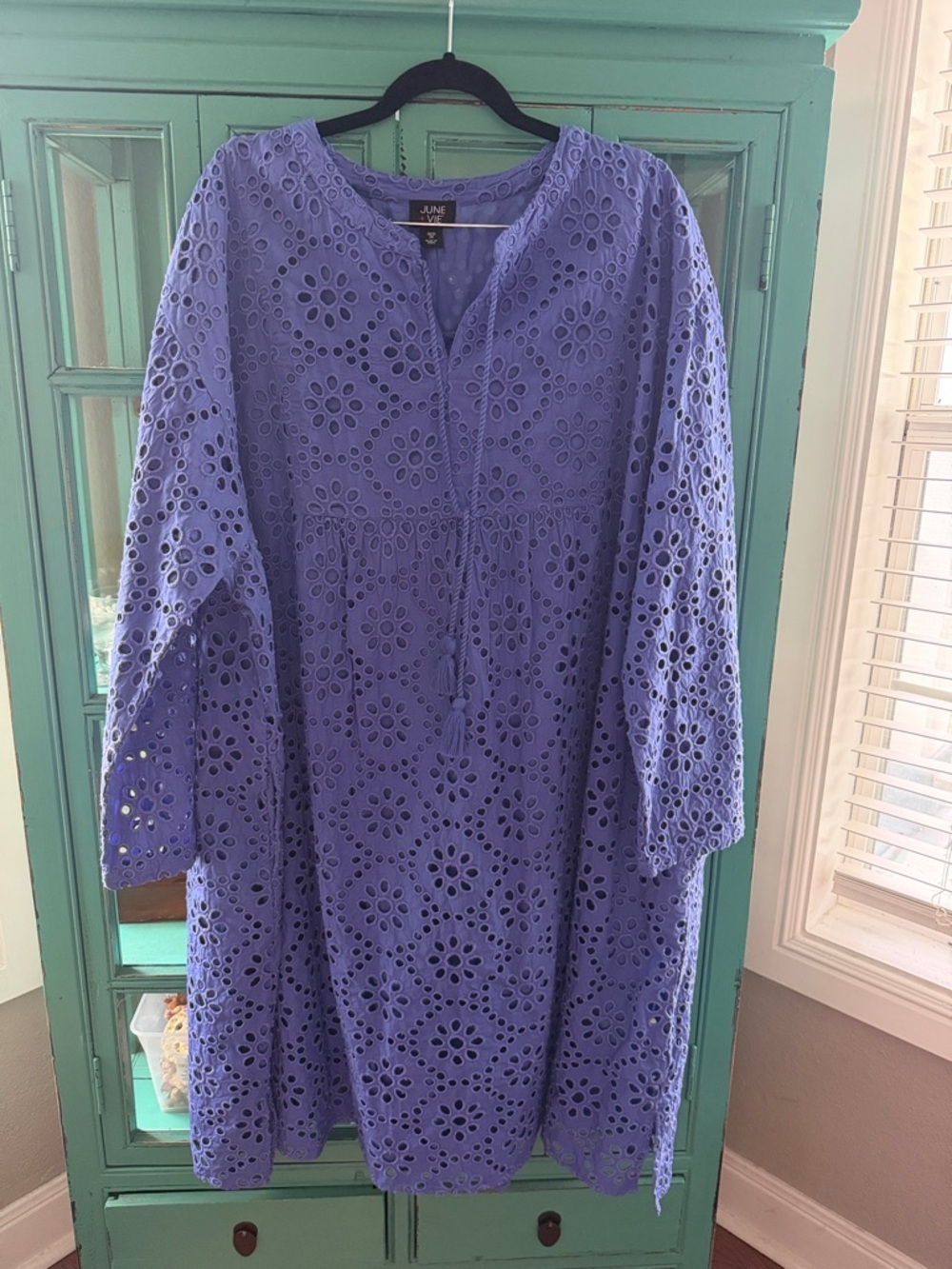 June & Vie Eyelet Tassel Dress Blue Cotton Tunic Shift 3X 30/32 EUC